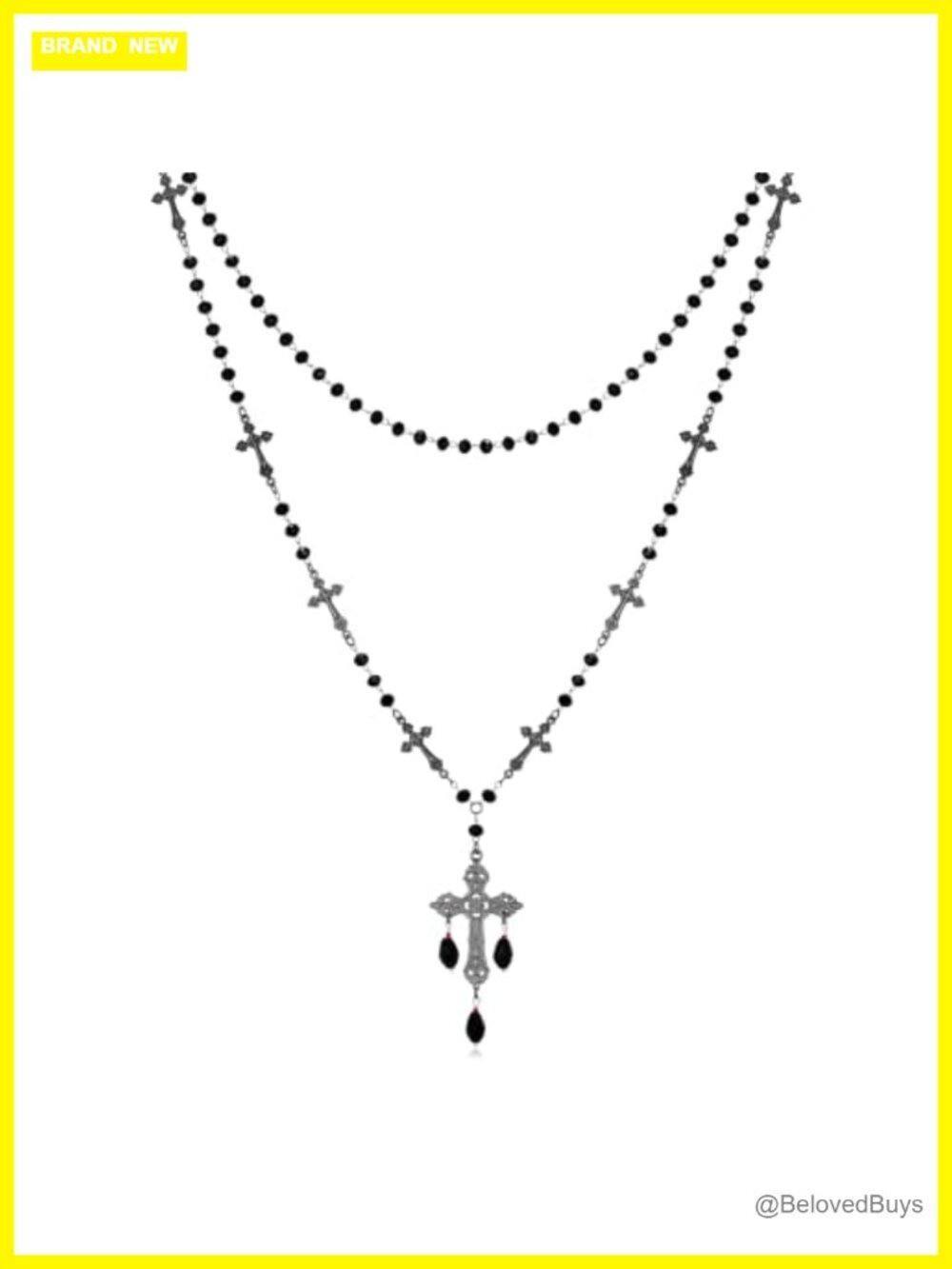 Gothic Layered Black Beaded Cross Necklace Brass Statement